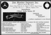 The Clenet Series III Asha is advertised by Jim Marino Imports, of Pasadena, California, one of many Clenet dealers throughout the world, in 1985.
