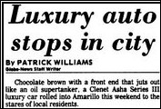 The Amarillo <em>Daily News</em> reports on the arrival of a Clenet Series III Asha in August 1985.
