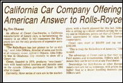 On tour, <em>The Daily Oklahoman</em> reports that a California car company offers the American answer to the Rolls-Royce in September 1985.