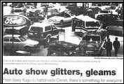 The St. Louis <em>Globe-Democrat</em> emphasizes the Clenet as the high-end and highlight of the St. Louis Auto Show January 1986.