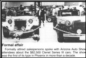 <em>Automotive News</em> loves the formal dress of the Clenet staff at the Arizona Auto Show April 1986.