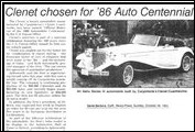 <em>Santa Barbara News-Press</em> touts Clenet as the 1986 Official Centennial Motor Car in October 1986.